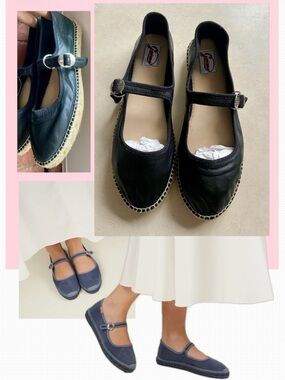 Mary Jane Espadrille Ballet Flats in Black Leather